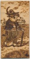 1908 Malac úr sétapálcával. Korai kézzel készült egyedi falemez képeslap / Pig gentleman with walking stick. Early hand-made wood board postcard (17 x 8,5 cm)