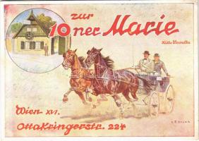 Wien, Vienna, Bécs; Heuriger 10er Marie. Wiens ältester Heuriger. Ottakringerstr. 22. / wine tavern advertising art postcard s: C. F. Bauer (fl)