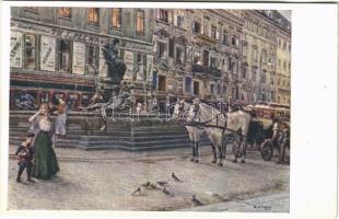 Wien, Vienna, Bécs; Neuer Markt, Donnerbrunnen / square, tram, fountain, horse-drawn carriage. B.K.W.I. Serie 795/1. artist signed