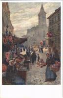Wien, Vienna, Bécs; Kalvarienberggasse / street view, market. B.K.W.I. Serie 790/5. artist signed