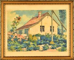 Fuchs József (1907-1977): Kecskeméti tanya, 1947. Akvarell, papír, jelzett. Dekoratív üvegezett keretben. 29,5x38 cm