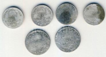 1870KB 10Kr Ag(4x) + 1870Kb 20Kr Ag(1x) + 1870GyF 20kr Ag(1x) T:3/4 v.k. összesen 6db