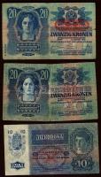 1902. 1000K piros "Deutschösterreich" fny-sal T:III/IV + 1913. 20K piros "Deutschösterreich" fny-sal T:III/IV + 1920. 1k(2x) 2klf színű sorszámozással T:III + 1913. 20K T:IV + 1915. 10K(2x) T:III összesen 7db