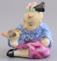 Herendi kínai gyerek figura madárral. Kézzel festett, jelzett, hibátlan / Hand painted porcelain Chinese boy with bird. Hand painted. Flawless. 8,5 cm