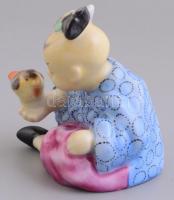 Herendi kínai gyerek figura madárral. Kézzel festett, jelzett, hibátlan / Hand painted porcelain Chi...