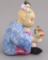 Herendi kínai gyerek figura madárral. Kézzel festett, jelzett, hibátlan / Hand painted porcelain Chi...