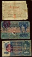 1848. 5Ft "Kossuth bankó" + 1913. 20K piros "Magyarország" fny-sal + 1915. 10K piros "Magyarország" fny-sal 3klf bankjegy T:IV + 1945. 50P(2x) T:III/IV