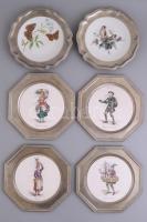 Porcelán betétes ón tányérok 4 db Paris 1600-as árusokat ábrázoló + 2 db lepkés és madaras. Matricásak. d: 25 cm, d: 23 cm