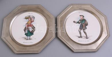 Porcelán betétes ón tányérok 4 db Paris 1600-as árusokat ábrázoló + 2 db lepkés és madaras. Matricás...