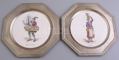 Porcelán betétes ón tányérok 4 db Paris 1600-as árusokat ábrázoló + 2 db lepkés és madaras. Matricás...