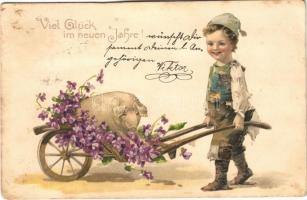 Viel Glück im neuen Jahre! / New Year greeting art postcard, child with wheelbarrow and pig. litho (fl)