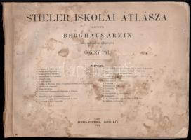 1874 Stieler iskolai atlasza. Kijavította: Berghaus Ármin. Ford.: Gönczy Pál. Gotha, Justus Perthes, 4 p.+ 28 t. Javított gerincű kötésben, hiányzó borítóval, foltos lapokkal, az utolsó 3 térkép lap sérült, az egyik hátoldalán javításokkal.