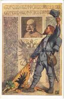 1914 Gut und Blut für Unser Kaiser / WWI Austro-Hungarian K.u.K. military art postcard, Franz Joseph I of Austria. Deutscher Schulverein Karte Nr. 642. (EK)