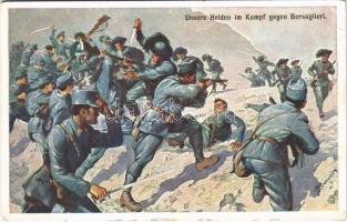 Unsere Helden im Kampf gegen Bersaglieri / WWI Austro-Hungarian K.u.K. military art postcard. Emge Nr. 144. artist signed (EB)