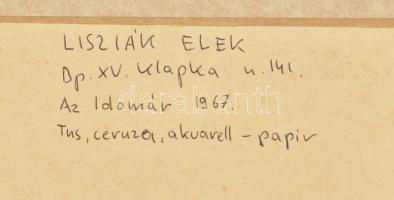 Lisziák Elek (1939-2007): Az idomár, 1967. Akvarell, tus, ceruza, alufólia, papír, jelzett. Hátoldal...
