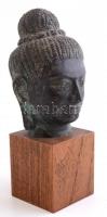Bronz Buddha fej, fa talapzaton. 24 cm