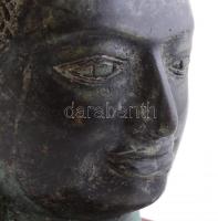 Bronz Buddha fej, fa talapzaton. 24 cm