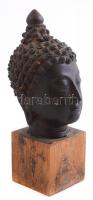 Bronz Buddha fej, fa talapzaton. 17 cm