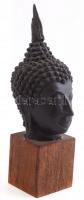 Bronz Buddha fej, fa talapzaton. 19 cm