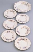 Zsolnay búzavirág mintás süteményes készlet hat személyes, teljes 6+1 darabos. Kézzel festett, jelzett, hibátlan. d: 26 cm, d: 17 cm