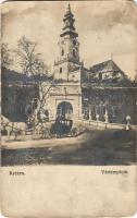 1912 Nyitra, Nitra; Vártemplom, Püspöki vár kapubejárata lovaskocsival / bishops castle, entry gate with horse-drawn carriage (kopott sarkak / worn corners)