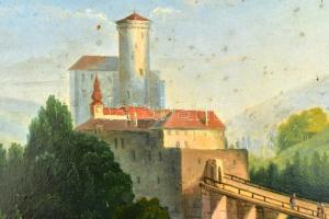 Jelzés nélkül: Kilátás a várra, olaj, fémlemez, sérült, 27×37 cm