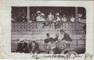 1908 Debrecen, lóversenypálya, lóverseny, lelátó tisztekkel. photo (szakadás / tear)