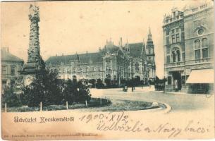 1900 Kecskemét, Városháza, Szentháromság szobor, üzlet. Schwartz Soma kiadása (vágott / cut)