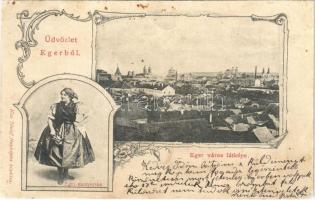 1901 Eger, látkép, egri menyecske, magyar folklór. Kiss József fényképész kiadása. Art Nouveau, floral (r)