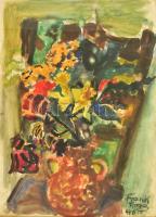 Frank Frigyes (1890-1976): Virágcsendélet. Akvarell, ceruza, papír, jelzett. Üvegezett fa keretben. 58,5×42 cm / Frigyes Frank (1890-1976): Still life. Watercolour and pencil on paper, signed. Framed with glass. 58,5×42 cm