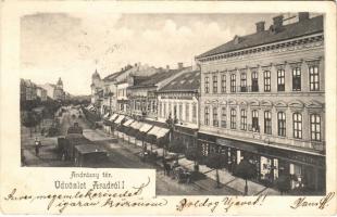 1903 Arad, Andrássy tér, városi vasút, kisvasút, Schaffer Henrik, Róth testvérek, Andrényi Károly és Fiai üzlete / square, urban railway, shops