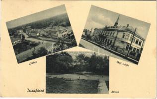 1943 Tiszafüred, látkép, Református iskola, strand, csónakázók