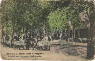 1914 Budapest III. Rómaifürdő, Római fürdő vendéglő, a budai oldal legszebb látványossága, étterem, pincérek (kopott sarkak / worn corners)