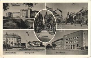 1940 Szombathely, Faludy Ferenc főgimnázium, híd, Fő tér, üzletek, Országzászló, Kálvária, Csendőriskola (EK)