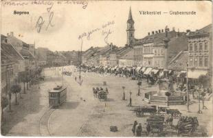 1917 Sopron, Várkerület, villamos, piac, Lang Frigyes üzlete. Piri Dániel kiadása (Rb)
