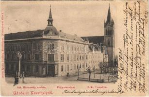 1901 Keszthely, Szentháromság szobor, Főgimnázium, Római katolikus templom. Mérei Ignác kiadása (r)