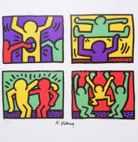 Keith Haring (1958-1990): Pop shop squad I. Szitanyomat, papír. Jelzett a nyomaton nyomtatva. Számozott. 121/500. 34×43,5 cm / Keith Haring (1958-1990): Pop shop squad I. Silkscreen on paper. Signed on the silkscreen with printed signature. Numbered: 121/500. 34×43,5 cm