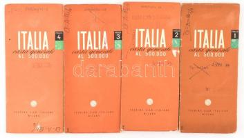cca 1960-1970 Carta Generale dItalia 1-4., 1:500.000, Milano, Touring Club Italiano, 32; 16; 14; 11 p. + 78x127x78 cm , 77x114 cm ,77x114 cm, 59x104 cm. Nagyméretű, 4 részes Olaszország autós térkép, az elsőn egy hajtásnyomnál szakadással, a többin kis szakadásokkal, volt könyvtári példányok.