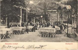 1908 Budapest XIV. Városliget, Wampetics vendéglő kerthelyisége, étterem, pincérek
