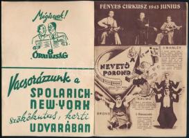 1943 Fényes cirkusz műsorfüzet a cirkusz programjával, reklámokkal