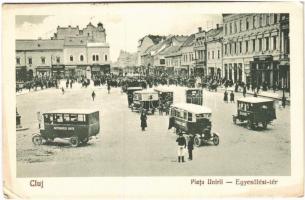 1926 Kolozsvár, Cluj; Egyesülési tér, autóbuszok, Albina, L. Reményik és Lepage üzlete / Piata Unirii / square, autobuses, shops (EK)
