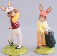 Royal Doulton Bunnykins porcelán golfozó nyúl figurák, 2 db, kézzel festett, hibátlan, eredeti dobozukban, m: 13 cm, 13,5 cm