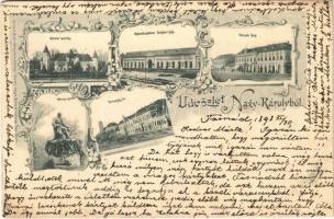 1898 (Vorläufer) Nagykároly, Carei; Károlyi kastély, Városház tér, Kölcsey szobor, Központi szálloda, Kalafoni és Vetzák ház, Rosenberg Sámuel üzlete. Huszty Zoltán fényképész kiadása / castle, town hall square, hotel, shops, villas. Art Nouveau, floral (EK)