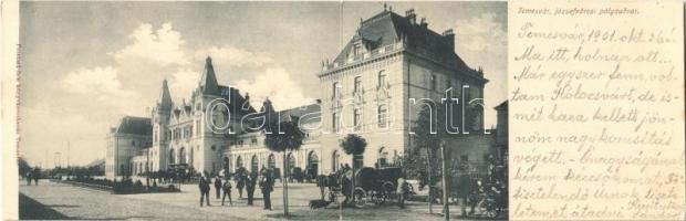1901 Temesvár, Timisoara; Józsefvárosi pályaudvar, vasútállomás, lovaskocsik. Kinyitható panorámalap / Iosefin railway station, horse carts. 2-tiled folding panoramacard