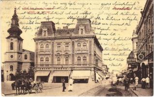 1914 Temesvár, Timisoara; Görög keleti szerb templom, utca, Adler Ignácz, Csendes és Fischer, Klug János órás és ékszerész és Deutsch R. Rezső üzlete  / Greek Orthodox Serbian church, shops, street (EK)