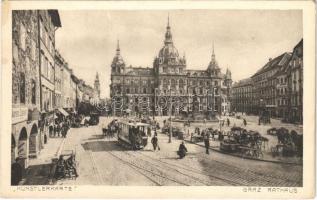 1918 Graz (Steiermark), Rathaus / street view, tram, town hall, market, shops. L. Strohschneider Nr. 553. (EK)