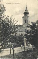 1936 Vásárút, Trhová Hradská; Római katolikus templom, férfi kerékpárral. Fotograf Adolf Brunner / Catholic church, man with bicycle (EK)