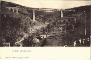 Csíkgyimes, Gyimes, Ghimes; 64 méter magas Gyimes-Karakkó híd, Karakó völgyhíd, viadukt a Gyimesi vasútvonalon. Adler Alfréd fényképész / railway bridge, viaduct on the Ghimes railway line (EK)