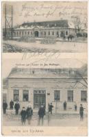 1908 Arad, Újarad, Aradul Nou; Gasthaus zur Taube des Jos. Wallinger / Wallinger féle vendéglő, utca télen / inn, hotel, street view in winter (EK)
