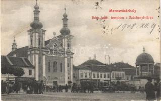 1908 Marosvásárhely, Targu Mures; Római katolikus templom, Széchenyi tér, Schuster Ödön, Lukács János üzlete / square, Catholic church, shops (fl)